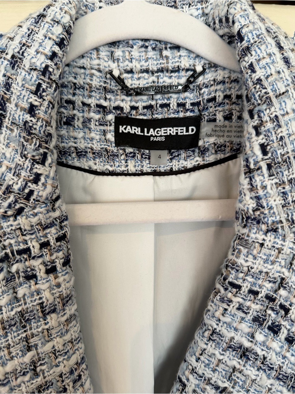 Karl Lagerfeld Paris Blue Tweed Fringe Blazer Jacket Size 4 - Picture 8 of 11